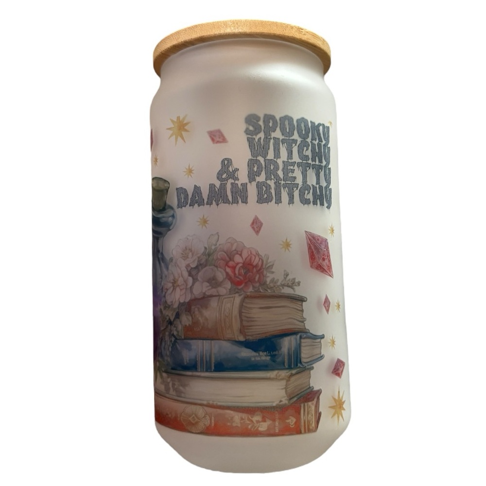 Spooky Witchy Bitchy 16 Oz Glass Can Tumbler with Straw and Bamboo Lid